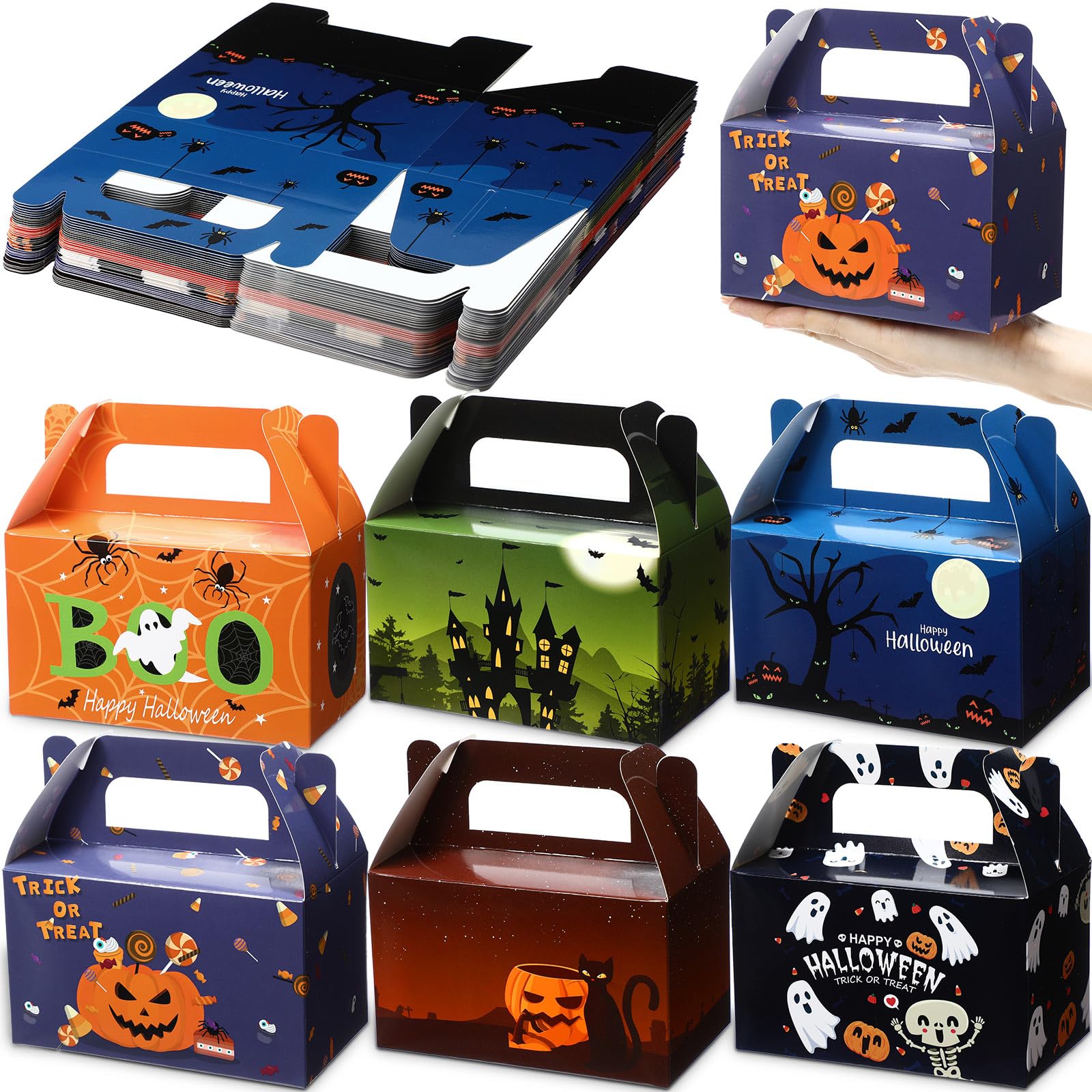 Zhanmai 36 Pack Halloween Treat Box Halloween Goodie Boxes Trick or Treat Boxes Halloween Boxes Container Halloween Cookie Cupcake Snack Box with Handle Party Favor Box