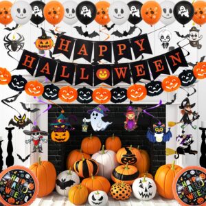 52 PCS Halloween Party Decorations Set Include Happy Halloween Banner, Pumpkin Banner, Hanging Swirl Streamers, Bats Wall Decor, Halloween Balloons Home Decor Party Favors Supplies