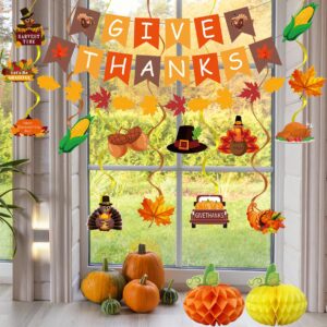 32Pcs Thanksgiving Decorations, GIVE THANKS Banner,Maple Leaf Garland,Autumn Hanging Swirls,Pumpkin Honeycomb Balls for Fall Hanging Party Supplies