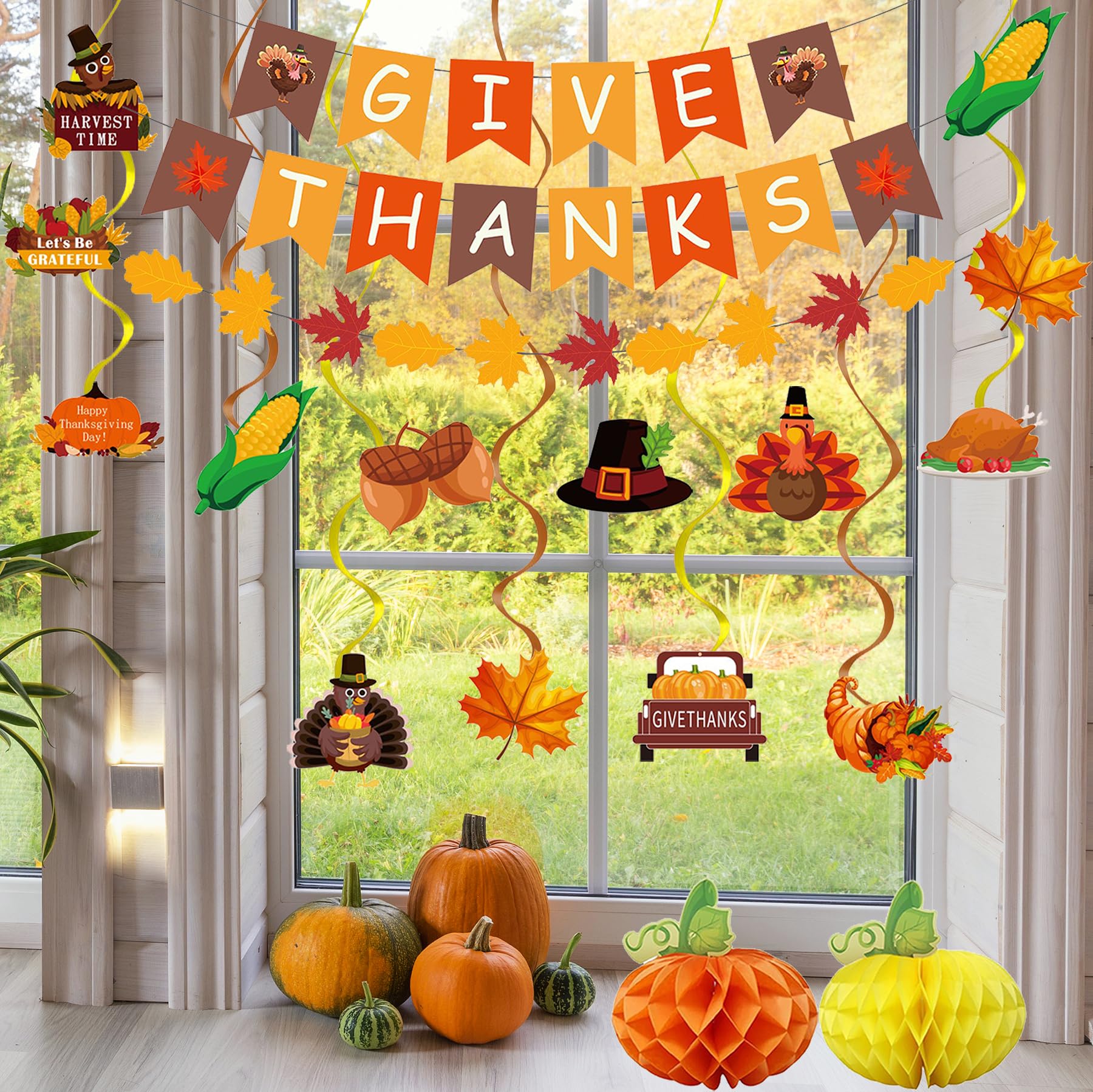 32Pcs Thanksgiving Decorations, GIVE THANKS Banner,Maple Leaf Garland,Autumn Hanging Swirls,Pumpkin Honeycomb Balls for Fall Hanging Party Supplies