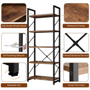 Walsunny Bookshelf, 5 Tier Bookshelves, Home Office Bookcase Shelf Storage Organizer, Free Standing Storage Shelving Unit for Bedroom, Living Room and Home Office,Rustic Brown