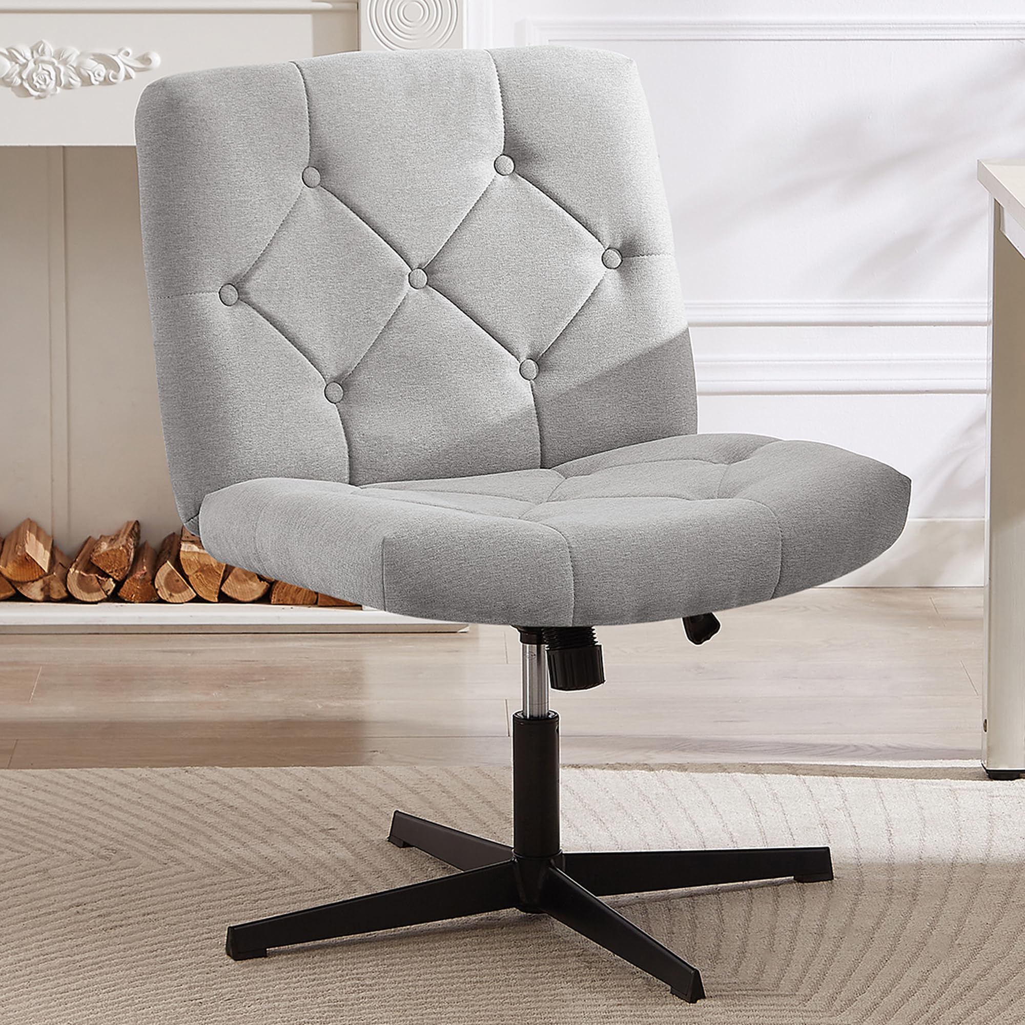 VECELO Criss Cross Armless Office Desk Chair No Wheels Comfy Wide Fabric Padded, Modern Swivel & Height Adjustable for Home/Bedrood/Make Up, Grey