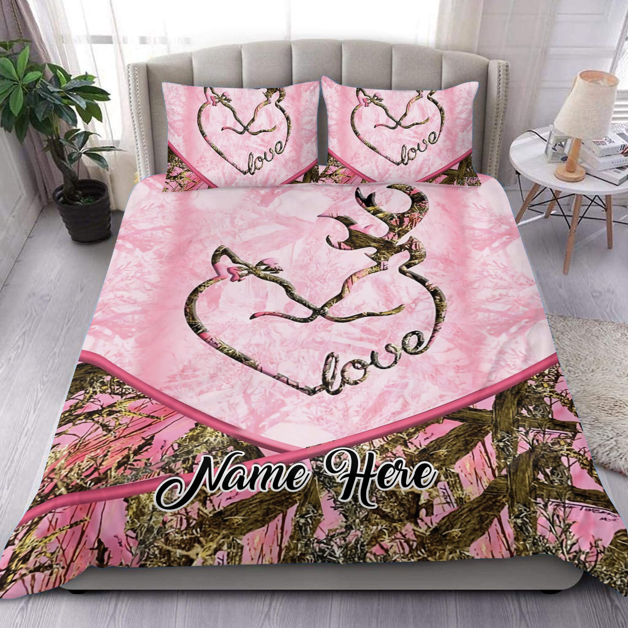 OhaPrints Personalized Hunting Duvet Cover, Deer Couple Heart Pink Camo Pattern Bedding Set & Pillowcases, Custom Name Soft Lightweight Twin Full Queen King Comforter Cover Bed Set