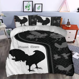 OhaPrints Personalized Chicken Duvet Cover, Rooster Farm Animal Black & White Bedding Set & Pillowcases, Custom Name Soft Lightweight Twin Full Queen King Comforter Cover Bed Set