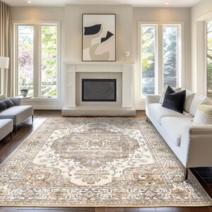 miukiki 8x10 area rugs washable rug: large vintage living room rug soft anti-skid thin carpet indoor floor non-shedding carpets for bedroom (8'x10', yellow/brown)