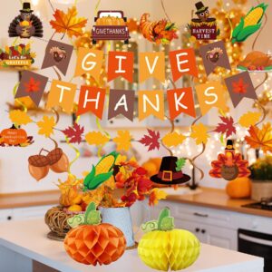 32Pcs Thanksgiving Decorations, GIVE THANKS Banner,Maple Leaf Garland,Autumn Hanging Swirls,Pumpkin Honeycomb Balls for Fall Hanging Party Supplies