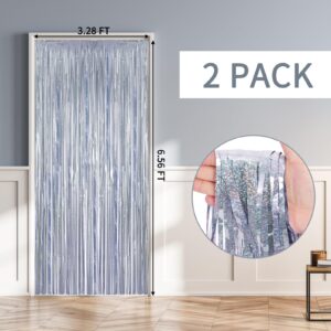 RUBFAC 2 Pack Shimmer Silver Backdrop Party Decorations Foil Fringe Curtains Tinsel Metallic Streamers Photo Booth Streamer for Bachelorette Wedding Engagement Baby Shower Birthday Party Supplies