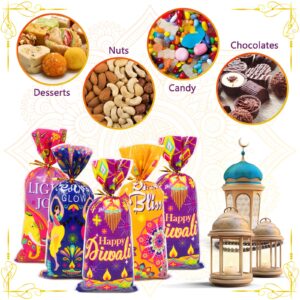 Konsait Happy Diwali Gift Bags, 100 Pack Cellophane Treat Bags with Ties Cookie Bags for Packaging Diwali Gift Bag 4 Designed Candy Bags for Indian Diwali Festival Party Favors