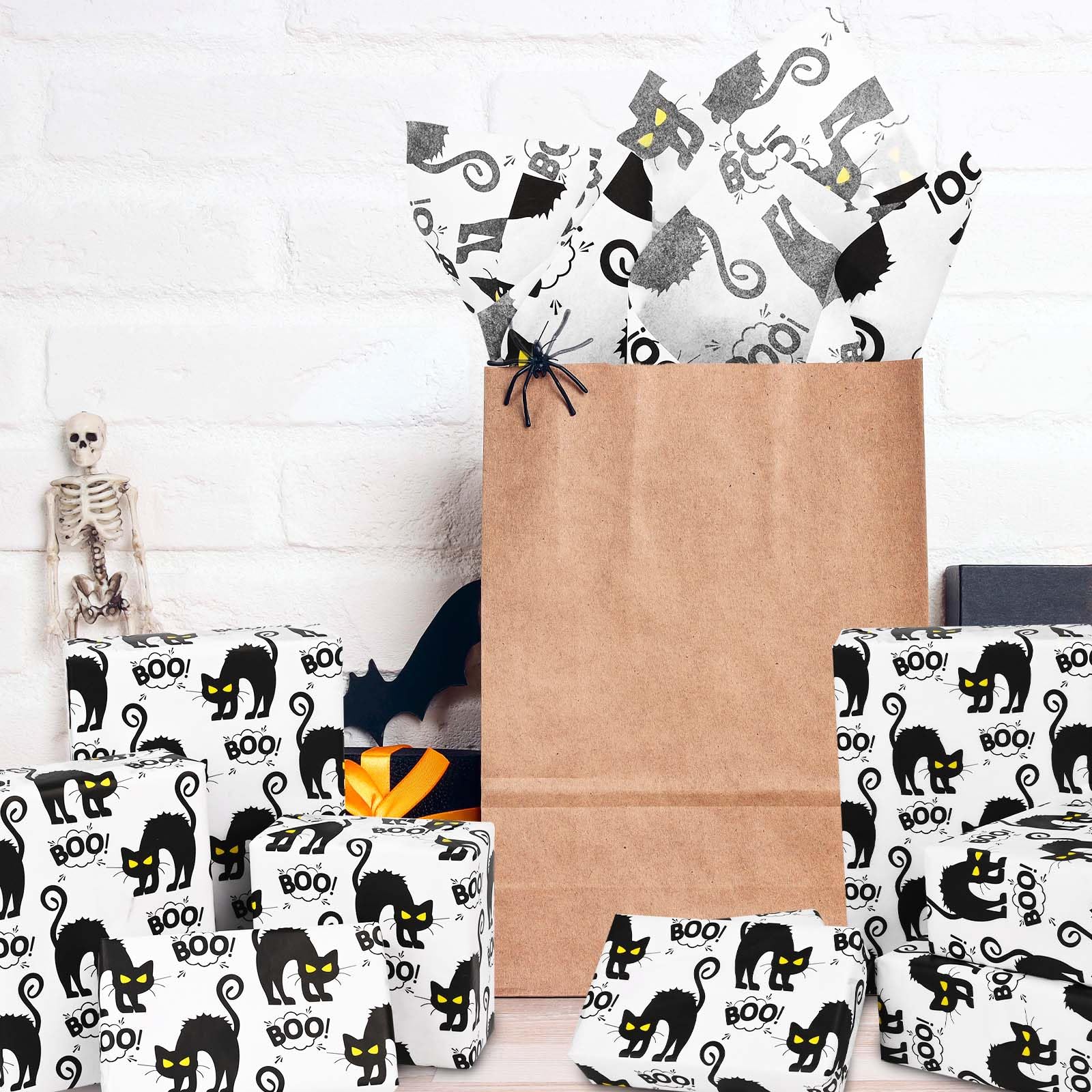 100 Sheets 20 * 14 Inches Halloween Tissue Paper for Gift Wrapping Black Cat Boo Pattern Decorative Tissue Paper for Halloween Party Trick or Treat Party DIY Craft