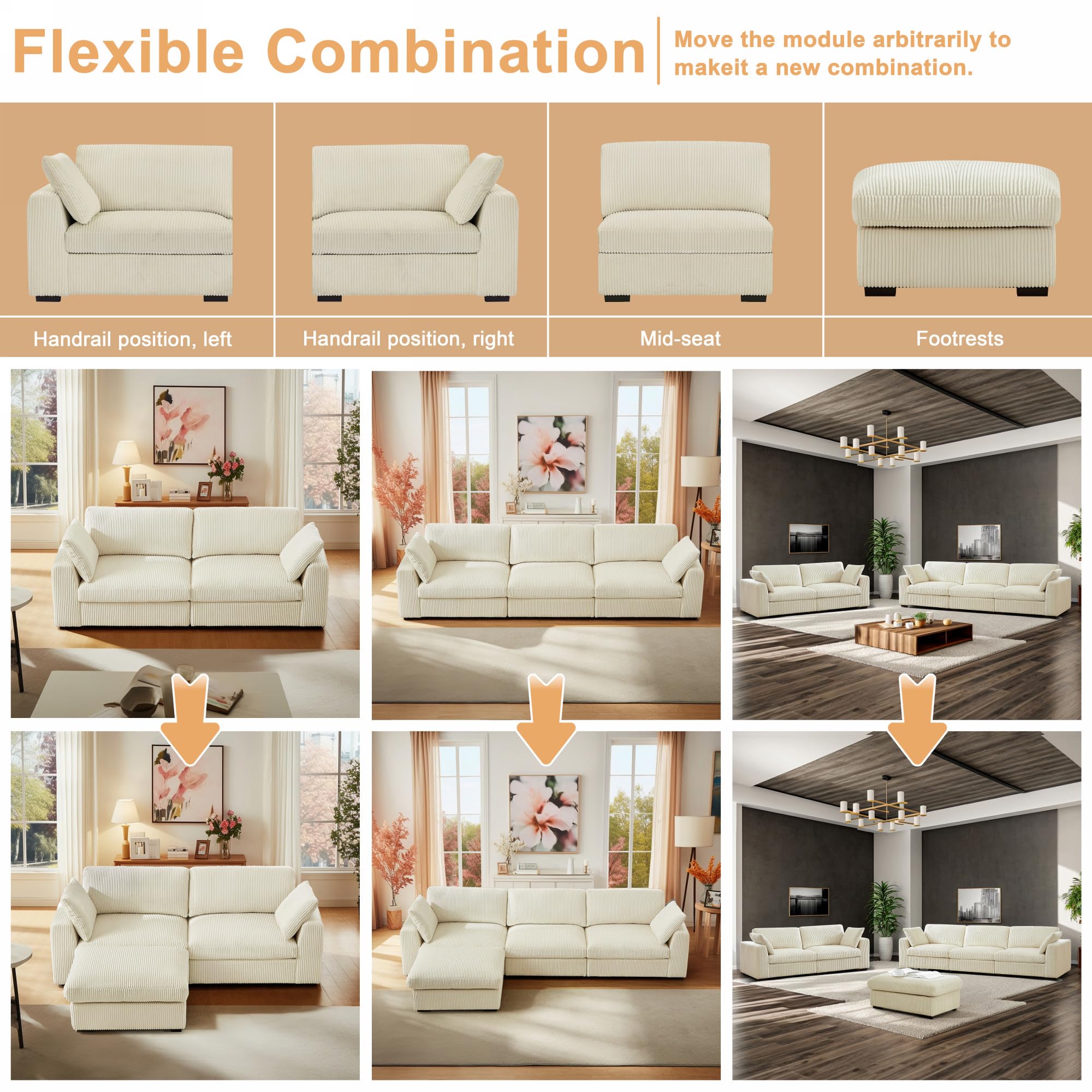 HOLYFIND Oversized Sectional Sofa,L Shaped Couch for Living Room,Modern Corduroy Modular Sofa,Deep 4 Seat Sofa Sleeper with Moveable Ottoman and Two Pillows (L Shape Sofa/Beige)