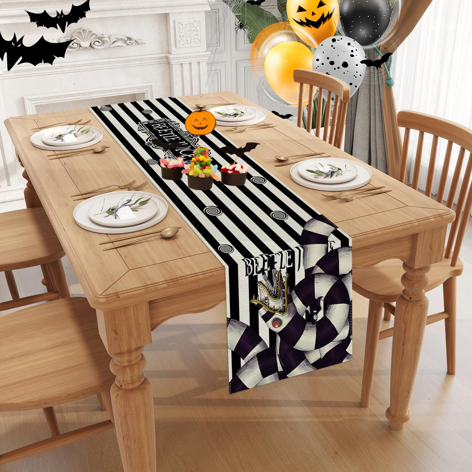 Black Striped Halloween Table Runner Scary Spooky Creepy Halloween Decorations and Supplies for Home Kitchen Dining Room Table