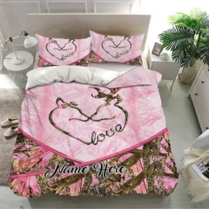 ohaprints personalized hunting duvet cover, deer couple heart pink camo pattern bedding set & pillowcases, custom name soft lightweight twin full queen king comforter cover bed set