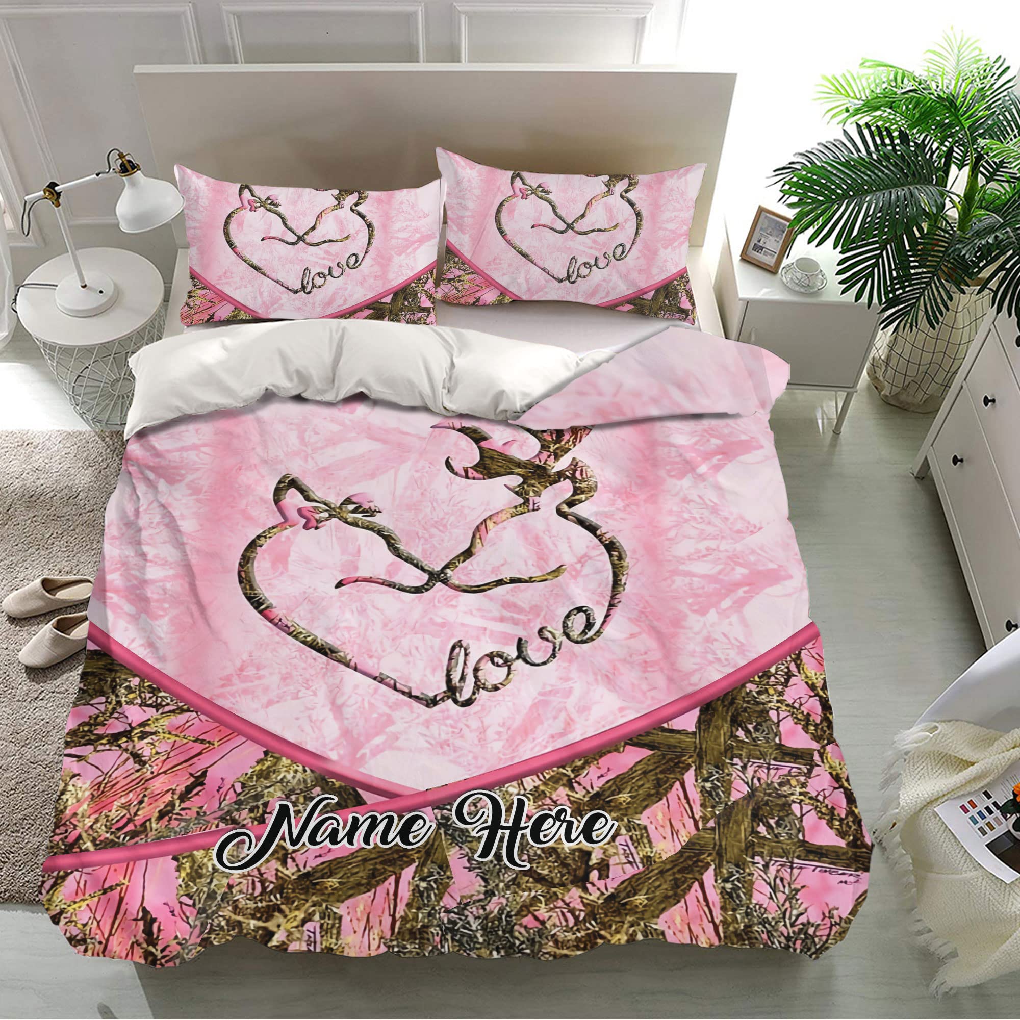 OhaPrints Personalized Hunting Duvet Cover, Deer Couple Heart Pink Camo Pattern Bedding Set & Pillowcases, Custom Name Soft Lightweight Twin Full Queen King Comforter Cover Bed Set