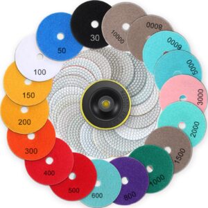 blosssound 20 pcs 4 inch diamond polishing pads with 5/8''-11 backer pad and drill bit adapter wet dry polish pad kit granite polishing kit 30-10000 grit pads for granite marble stone polishing