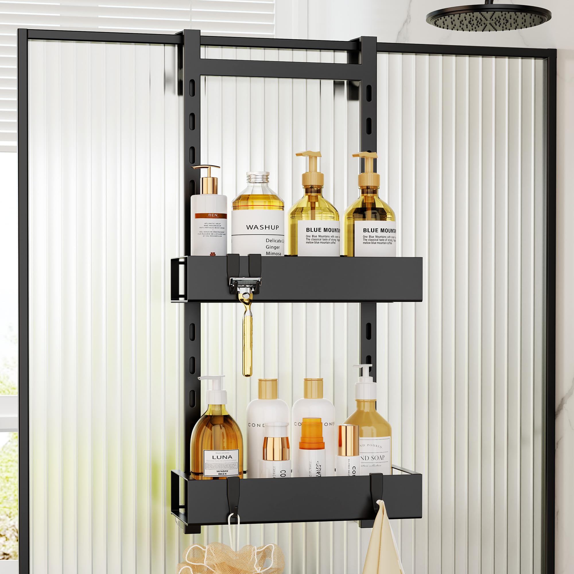 Orimade Over The Door Shower Caddy Height-Adjustable, Sturdy Bathroom Hanging Organizer Shelf Rustproof with 4 Hooks, Shower Basket Storage Rack with Suction Cups 2 Tier, Black