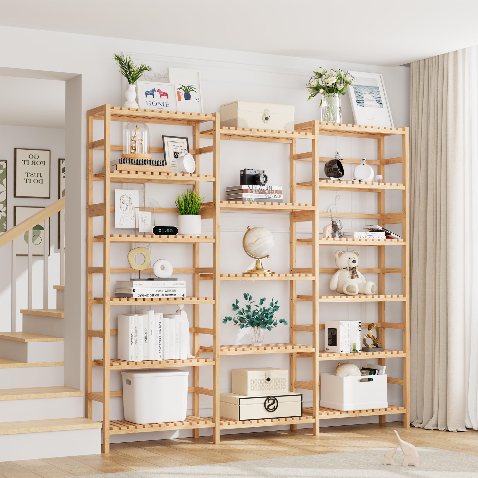 FOTOSOK Triple Wide 6-Tier Bookshelf and Bookcase,Large Freestanding Book Shelf with 17 Open Display Shelves, Tall Bookshelf Plant Flower Shelf Rack Storage Organizer Unit for Living Room, Natural