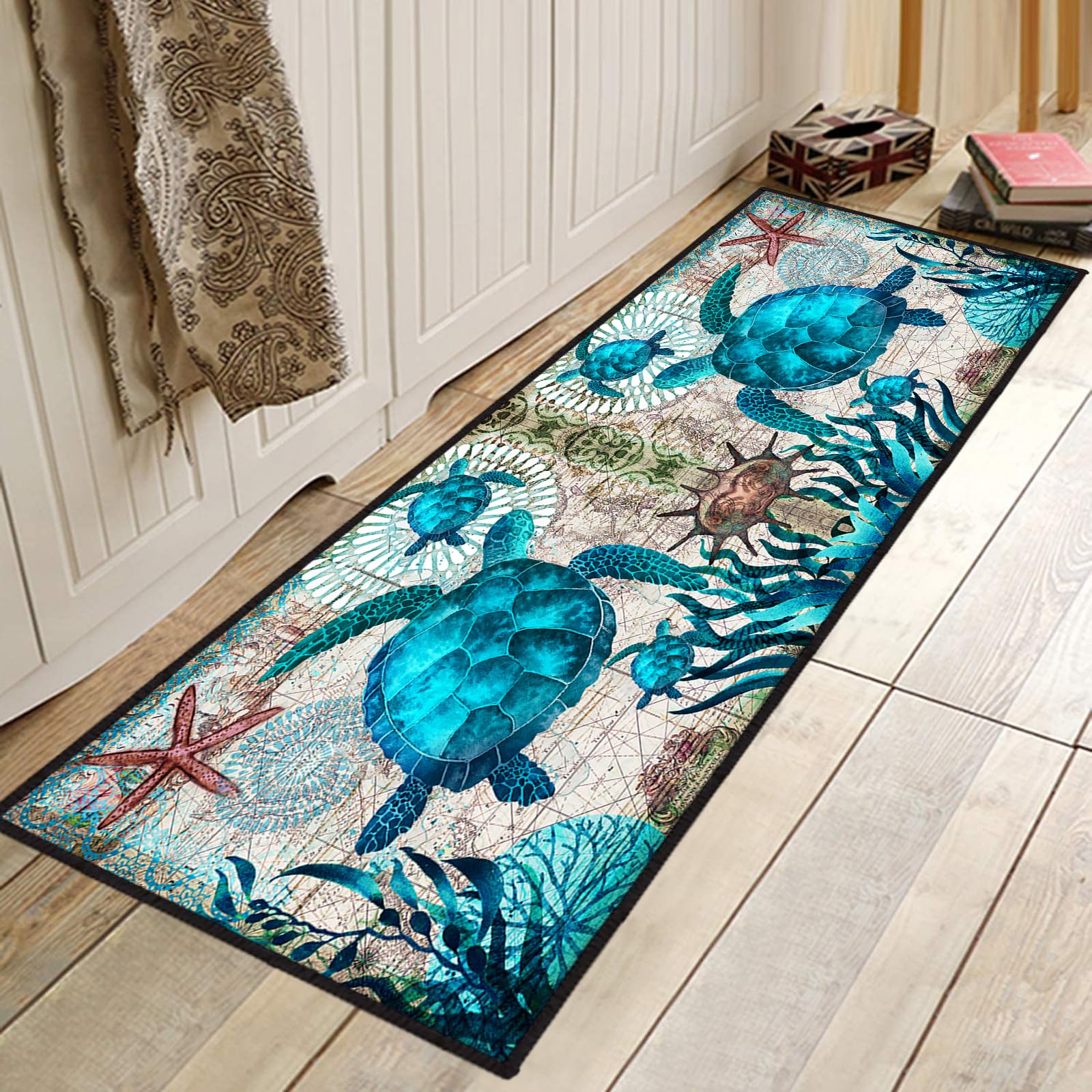 Coastal Runner Rug for Hallway 2x6 Sea Turtle Hallway Rugs Nautical Throw Rug Blue Turtles Beach Ocean Life Teal Marine Animal Area Rug Non-Slip Floor Carpet for Bedroom Entryway Door Mat Washable Rug