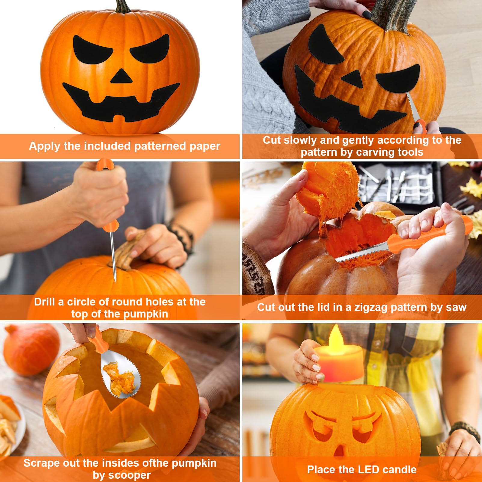 Pumpkin Carving Tools, 15 PCS Professional Pumpkin Carving Kit for Adults & Kids with LED Candles, Heavy Duty Stainless Steel Pumpkin Cutting Knife Supplies for Halloween Decoration Jack-O-Lantern