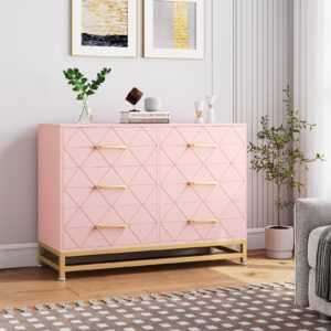 GarveeHome Dresser for Bedroom with 6 Drawer Double Dressers, Modern Wooden Dresser Chest, Beside Table for Closet, Nursery, Living Room, Pink