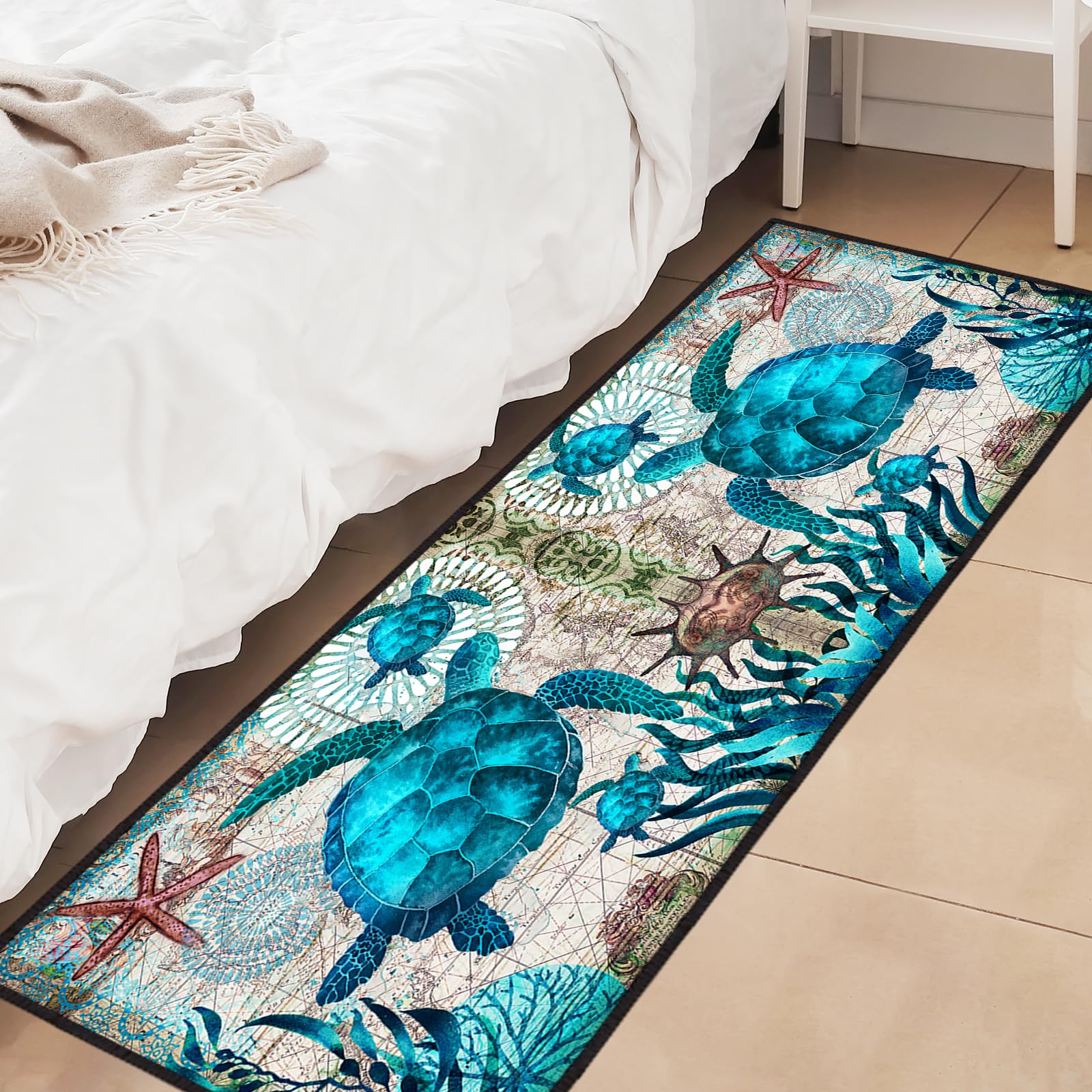 Coastal Runner Rug for Hallway 2x6 Sea Turtle Hallway Rugs Nautical Throw Rug Blue Turtles Beach Ocean Life Teal Marine Animal Area Rug Non-Slip Floor Carpet for Bedroom Entryway Door Mat Washable Rug