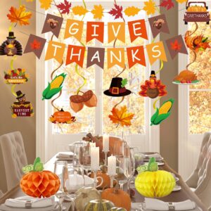 32Pcs Thanksgiving Decorations, GIVE THANKS Banner,Maple Leaf Garland,Autumn Hanging Swirls,Pumpkin Honeycomb Balls for Fall Hanging Party Supplies