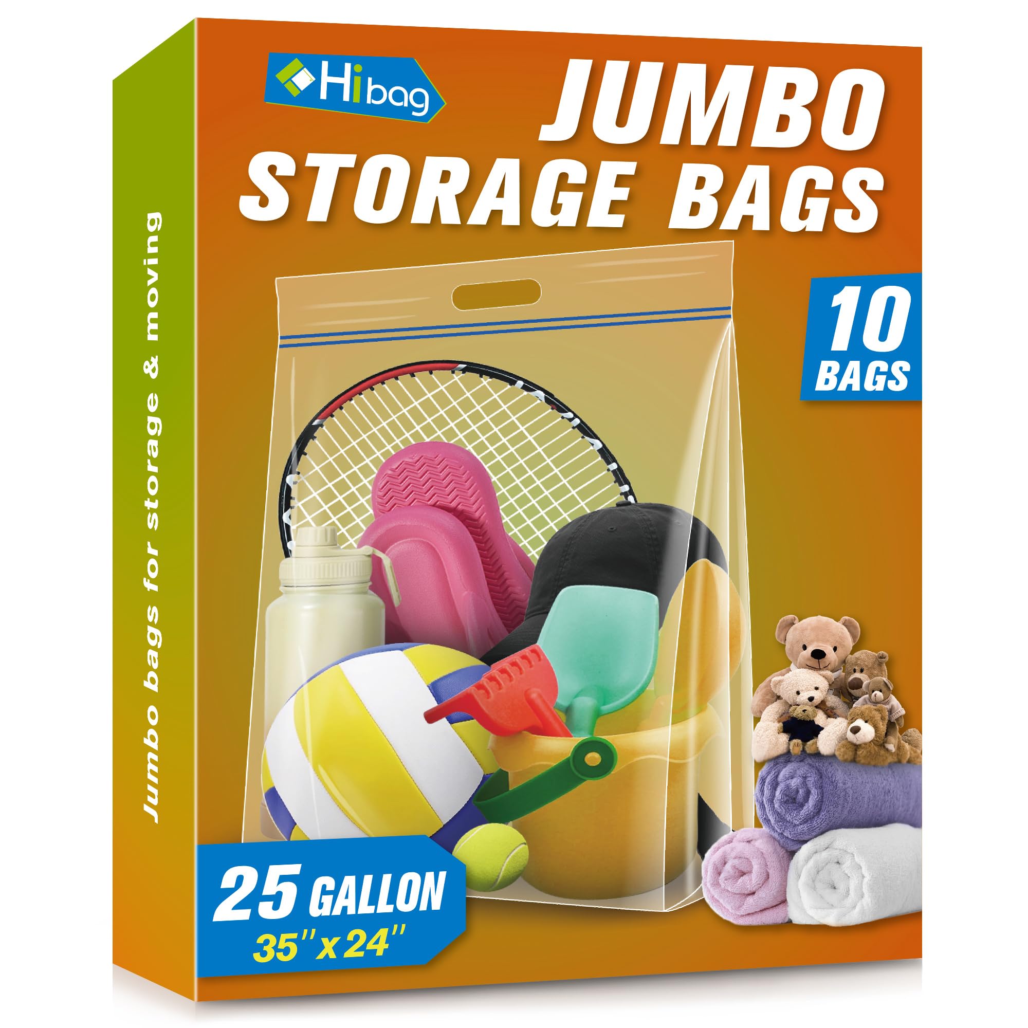 HIBAG 25 Gallon Jumbo Storage Bags, 35” x 24” Resealable Clear Bags with Handle, Extra Large XL Heavy Duty for Clothes Pillow Travel Moving, Pack of 10