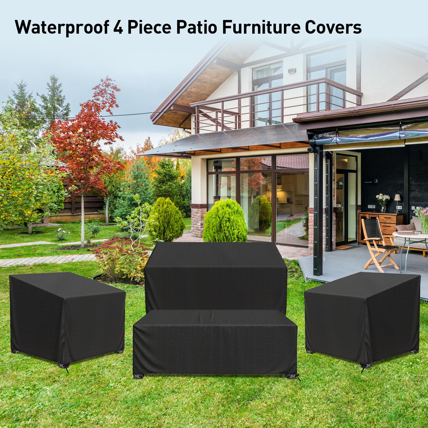 Patio Furniture Covers, 4 Piece Heavy Duty Waterproof Outdoor Furniture Cover with Windproof Buckle Strap, Rattan Wicker Patio Furniture Set Cover for Chair Sofa Black (Black, X-Large)