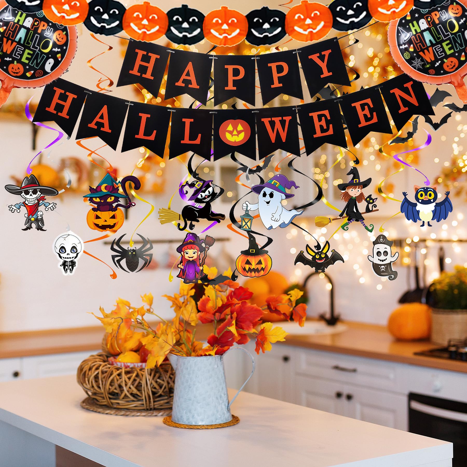 52 PCS Halloween Party Decorations Set Include Happy Halloween Banner, Pumpkin Banner, Hanging Swirl Streamers, Bats Wall Decor, Halloween Balloons Home Decor Party Favors Supplies