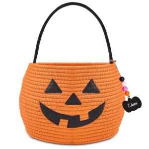 mellbay halloween basket, halloween trick or treat pumpkin candy bucket, woven personalized halloween baskets with name tag pumpkin & white pen for kids gift basket