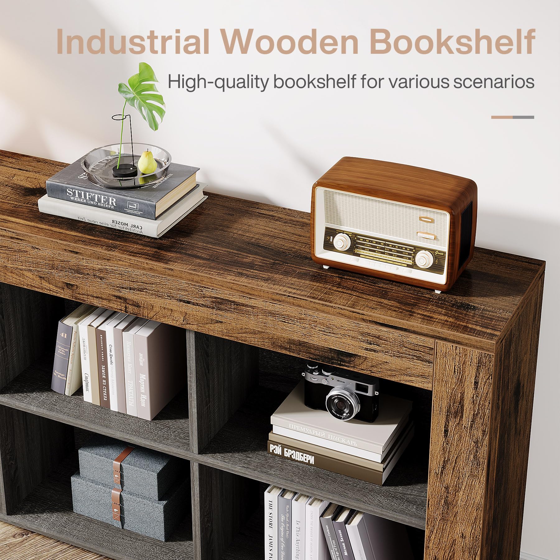 Tribesigns Horizontal Bookcase, Industrial 6 Cubes Storage Organizer Long Bookshelf, Rustic Wood Low Bookshelf Wide Cubby Bookcase for Home Office, Living Room