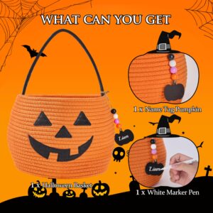 MELLBAY Halloween Basket, Halloween Trick or Treat Pumpkin Candy Bucket, Woven Personalized Halloween Baskets with Name Tag Pumpkin & White Pen for Kids Gift Basket