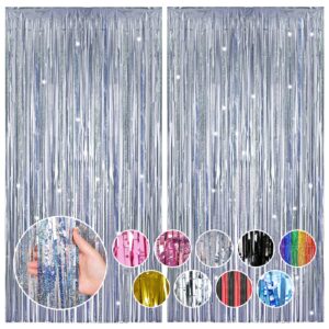 rubfac 2 pack shimmer silver backdrop party decorations foil fringe curtains tinsel metallic streamers photo booth streamer for bachelorette wedding engagement baby shower birthday party supplies