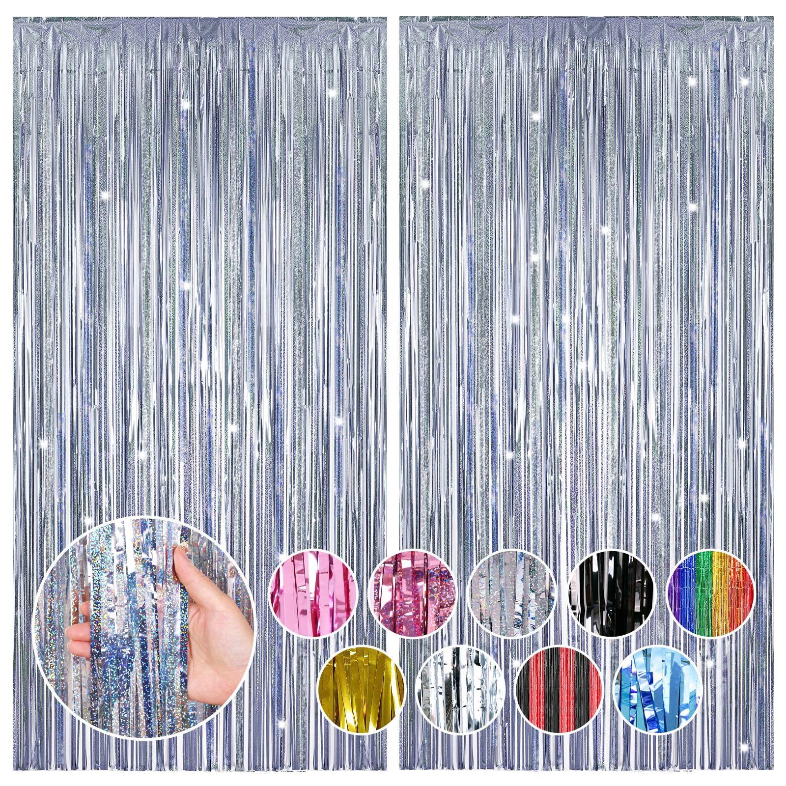 RUBFAC 2 Pack Shimmer Silver Backdrop Party Decorations Foil Fringe Curtains Tinsel Metallic Streamers Photo Booth Streamer for Bachelorette Wedding Engagement Baby Shower Birthday Party Supplies