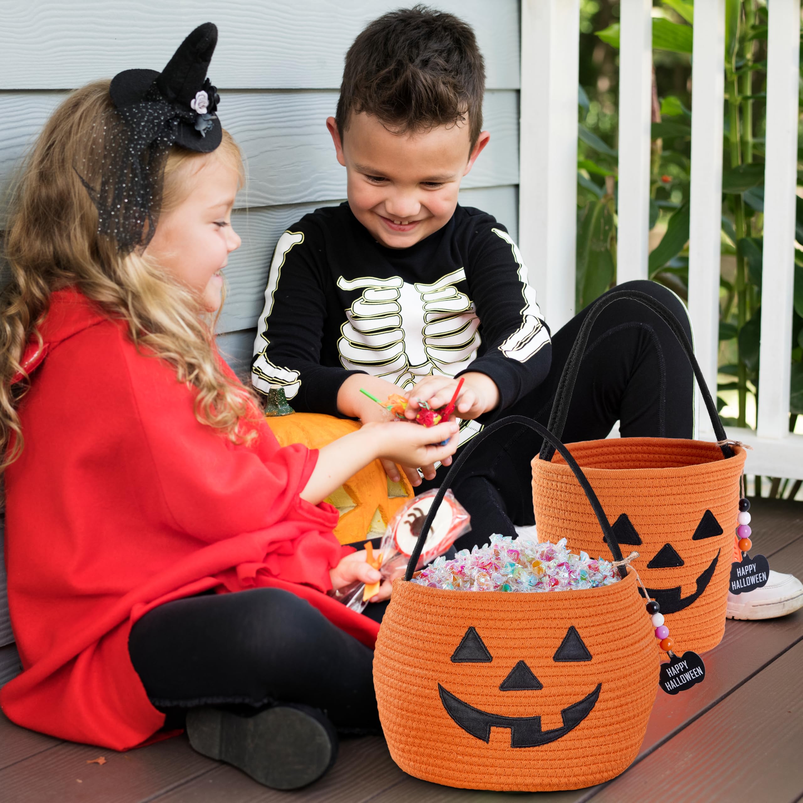 MELLBAY Halloween Basket, Halloween Trick or Treat Pumpkin Candy Bucket, Woven Personalized Small Halloween Baskets with Name Tag Pumpkin & White Pen for Kids Gift Basket