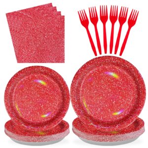 96pcs iridescence red birthday party supplies 350 gsm holographic red white christmas plates and napkins rainbow tableware sets for girls women bridal shower iridescent party decorations serves 24