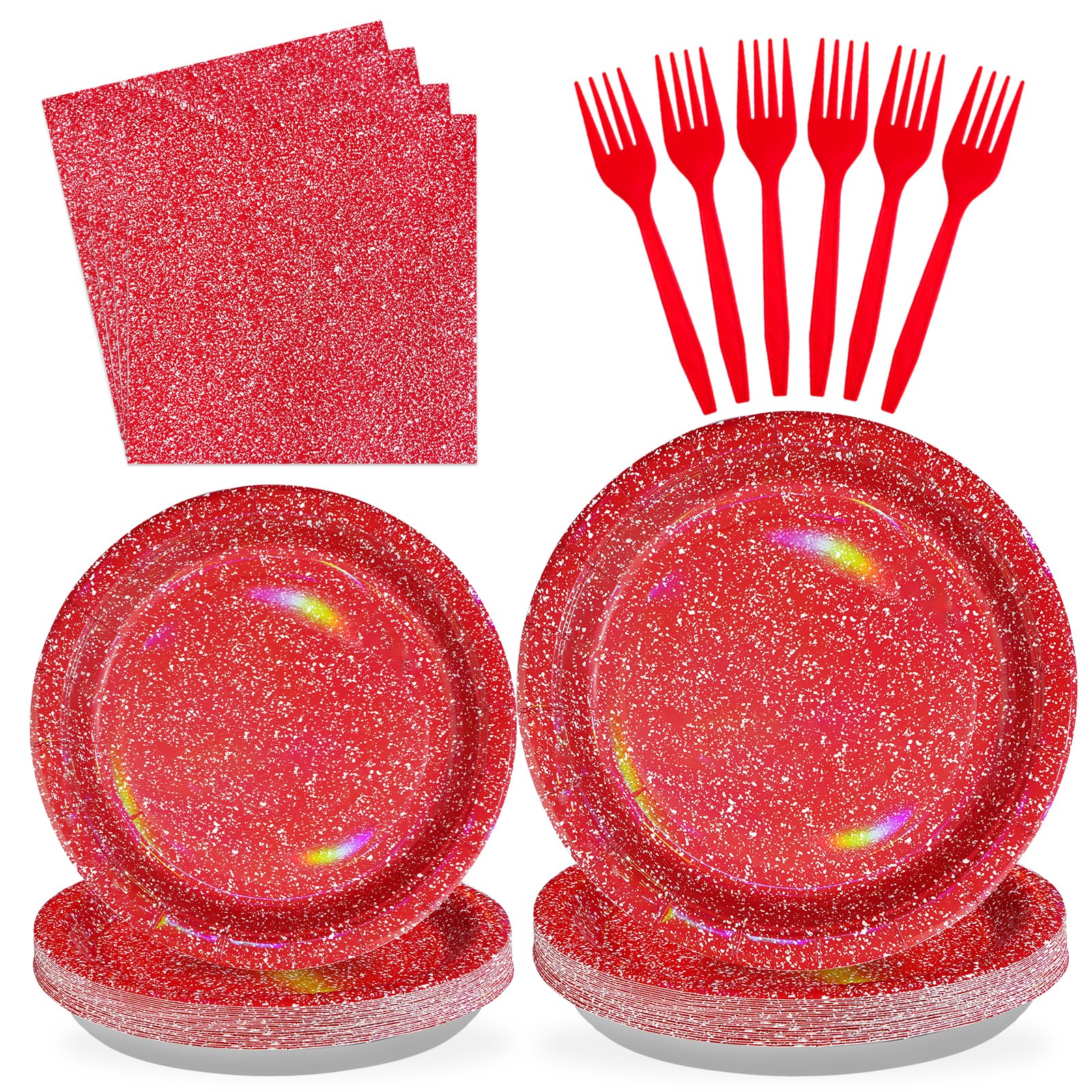 96pcs Iridescence Red Birthday Party Supplies 350 GSM Holographic Red White Christmas Plates and Napkins Rainbow Tableware Sets for Girls Women Bridal Shower Iridescent Party Decorations Serves 24