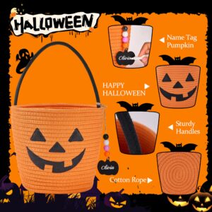 MELLBAY Halloween Basket, Halloween Trick or Treat Pumpkin Candy Bucket, Woven Personalized Small Halloween Baskets with Name Tag Pumpkin & White Pen for Kids Gift Basket