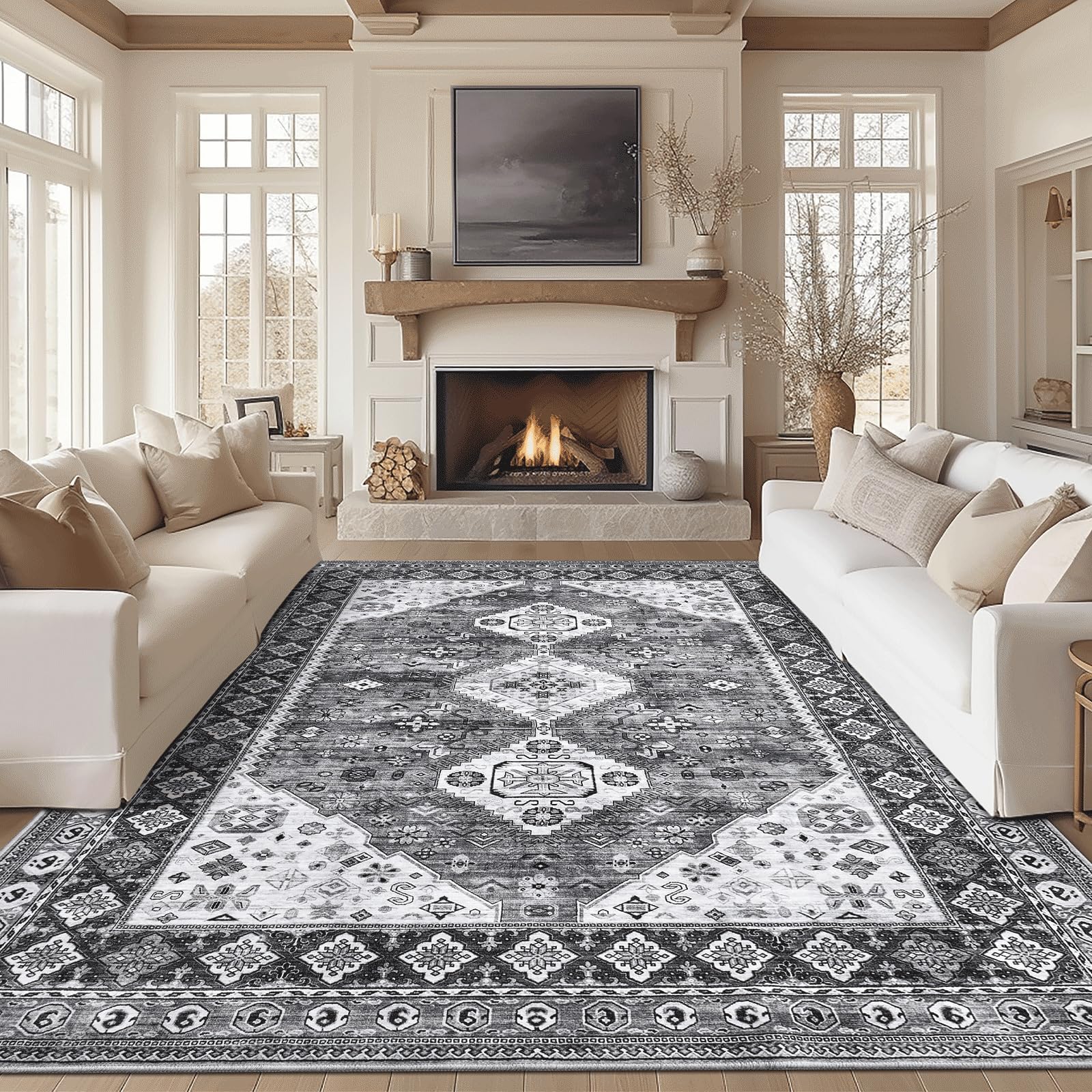 Madane 8x10 Area Rugs for Living Room, Lagre Vintage Washable Rugs 8x10 with Non-Slip Backing for Bedroom, Low-Pile Area Rugs 8x10 Soft Foldable 8x10 Rug Grey