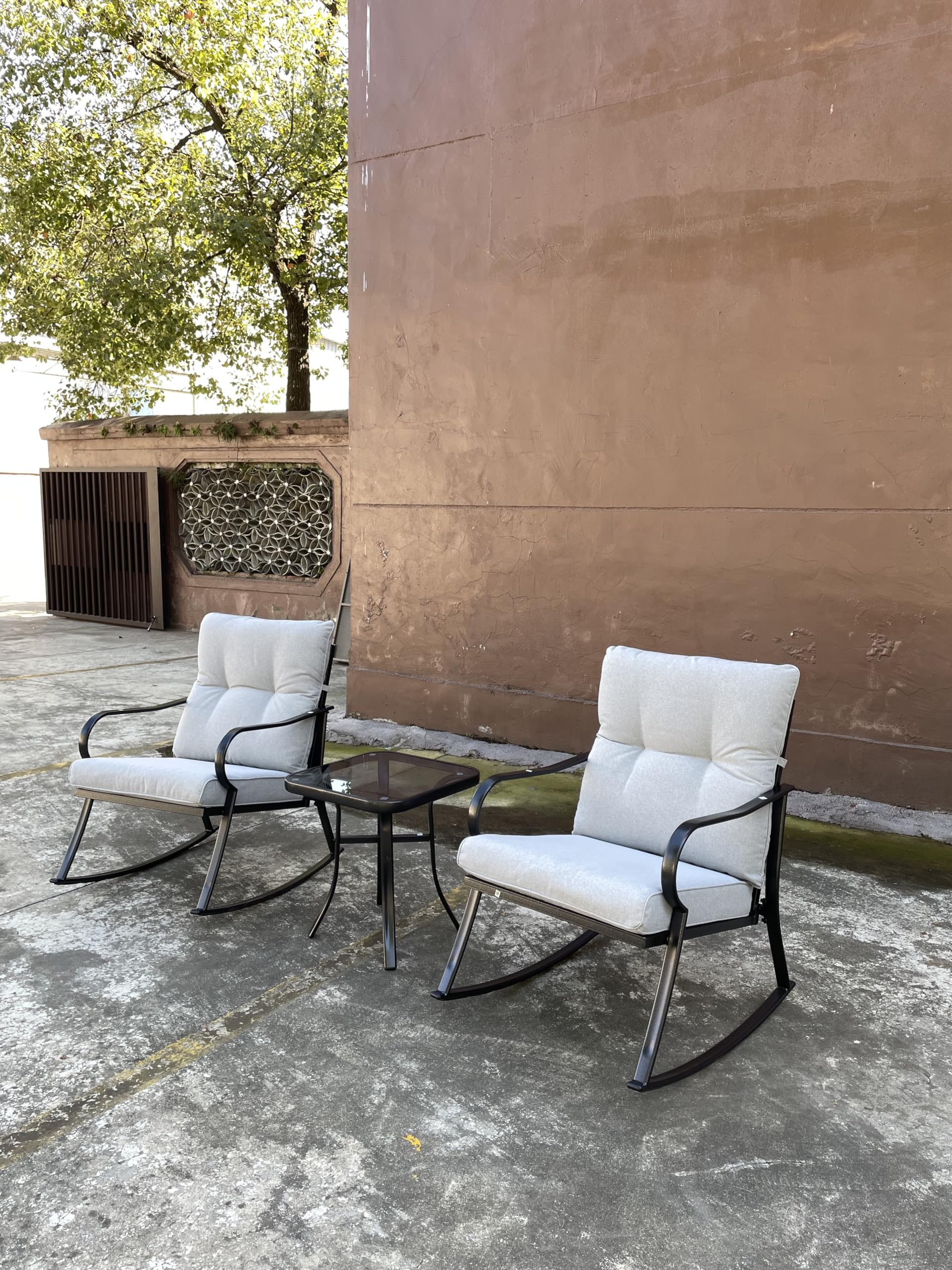 CHARMMA 2pcs Patio Rocking Chairs with Steel Frame and Soft Cushions,Rocker Set Chair and Teapoy,Outdoor Rocking Chair with Armrest for Lawn,Backyard,Porch Garden Bistro Set Off White