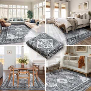 Madane 8x10 Area Rugs for Living Room, Lagre Vintage Washable Rugs 8x10 with Non-Slip Backing for Bedroom, Low-Pile Area Rugs 8x10 Soft Foldable 8x10 Rug Grey