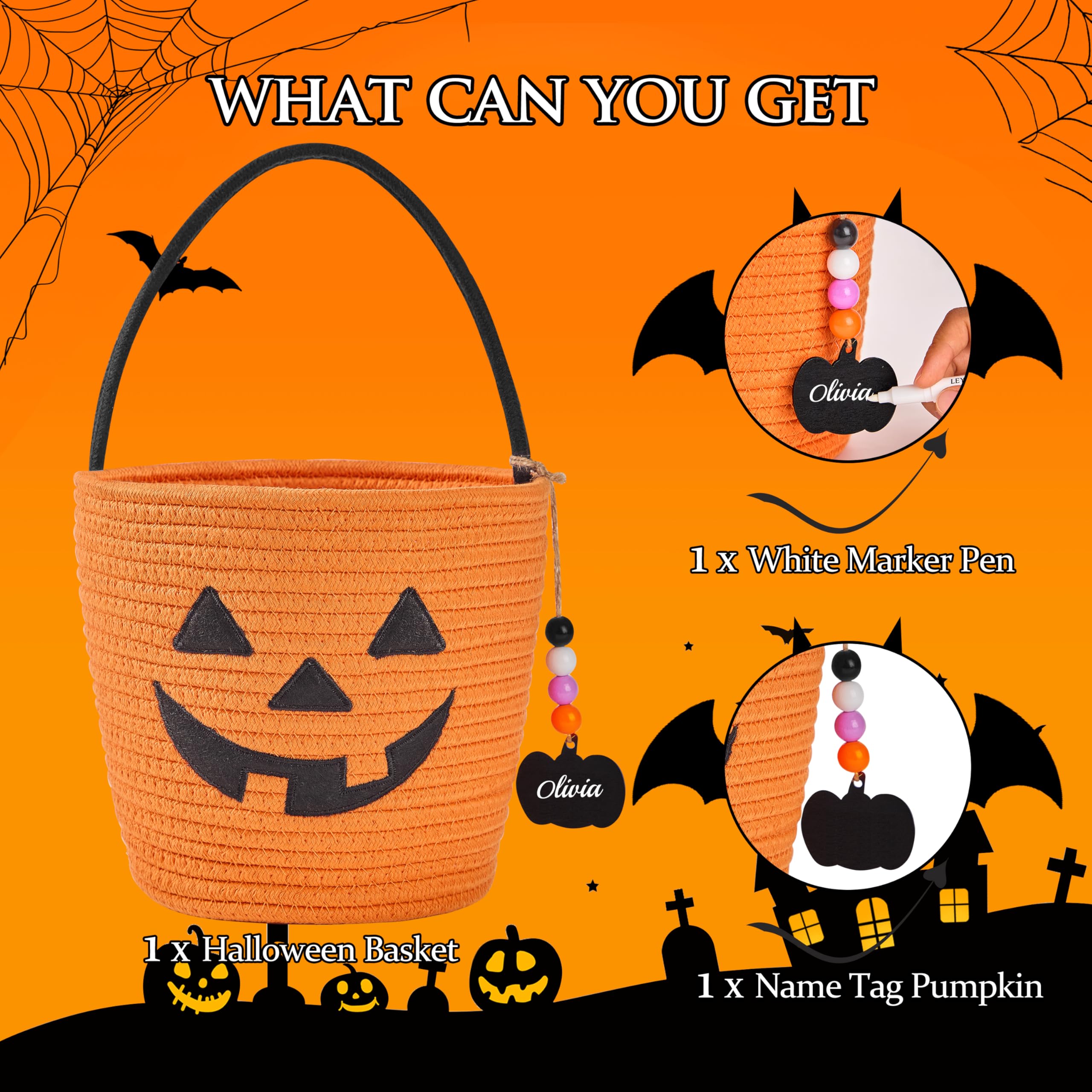 MELLBAY Halloween Basket, Halloween Trick or Treat Pumpkin Candy Bucket, Woven Personalized Small Halloween Baskets with Name Tag Pumpkin & White Pen for Kids Gift Basket