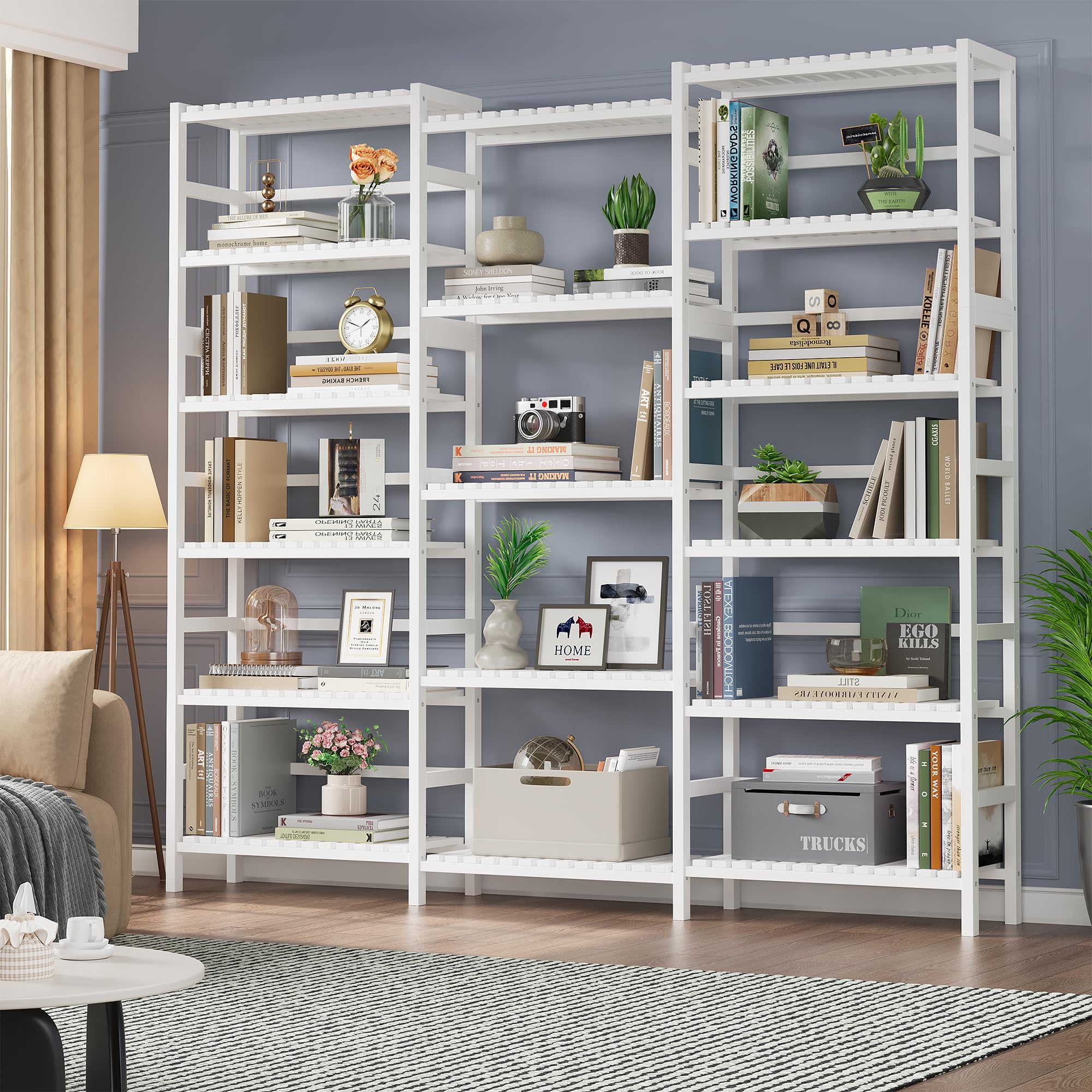 FOTOSOK Triple Wide 6-Tier Bookshelf and Bookcase,Large Freestanding Book Shelf with 17 Open Display Shelves, Tall Bookshelf Plant Flower Shelf Rack Storage Organizer Unit for Living Room, White