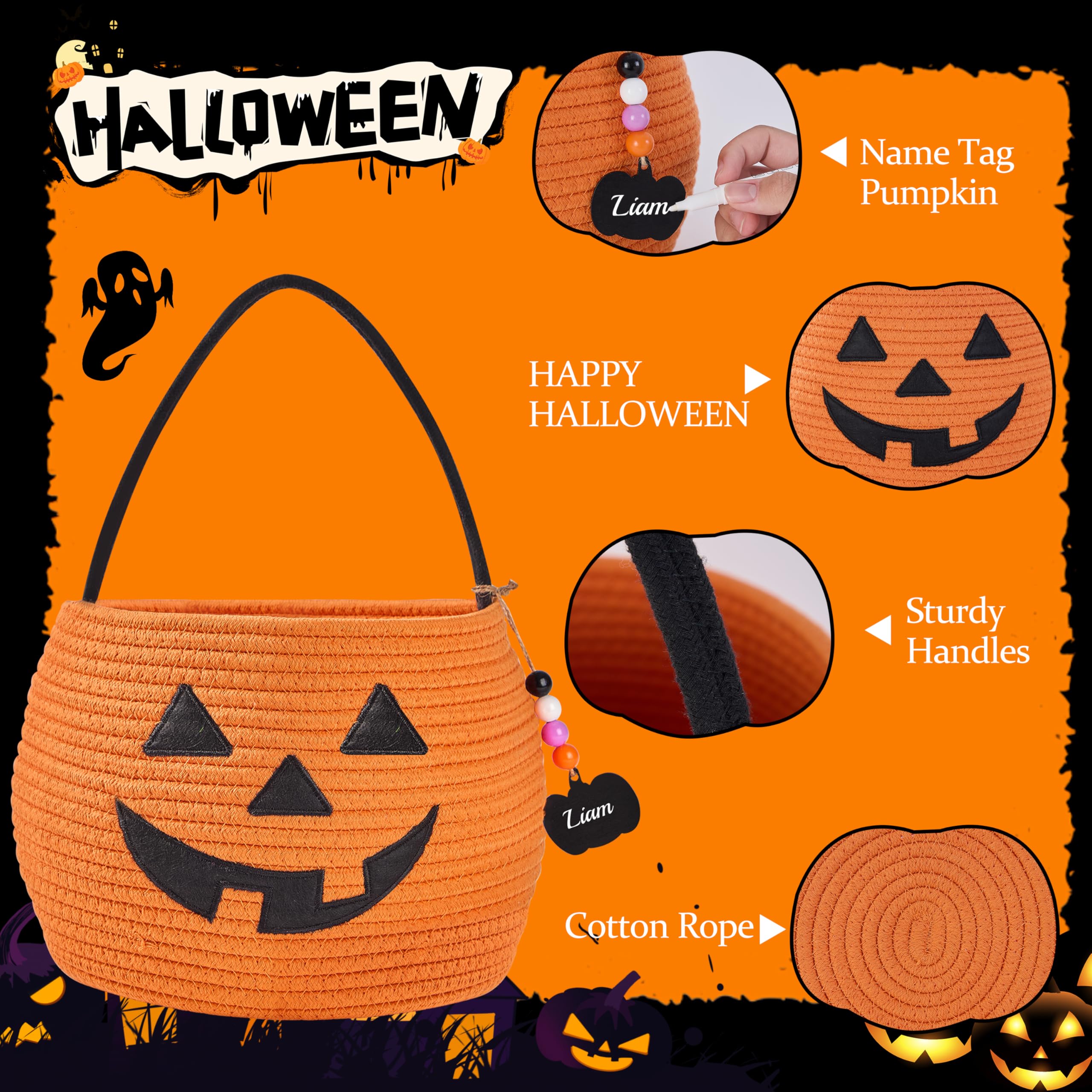 MELLBAY Halloween Basket, Halloween Trick or Treat Pumpkin Candy Bucket, Woven Personalized Halloween Baskets with Name Tag Pumpkin & White Pen for Kids Gift Basket