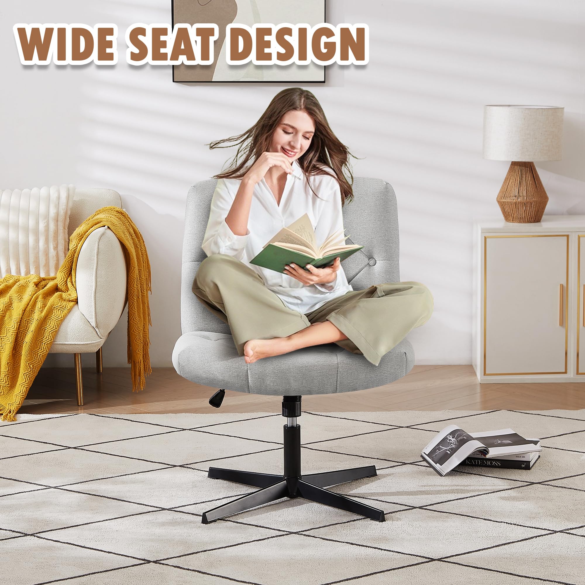 VECELO Criss Cross Armless Office Desk Chair No Wheels Comfy Wide Fabric Padded, Modern Swivel & Height Adjustable for Home/Bedrood/Make Up, Grey