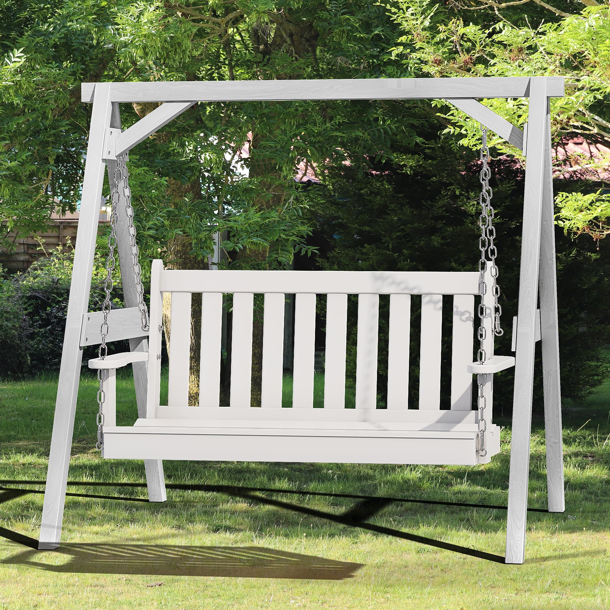 JAMFLY Wooden Porch Swing Outdoor, Bench Swing with Hanging Chains for Outdoor Patio Garden Courtyard Backyard, White