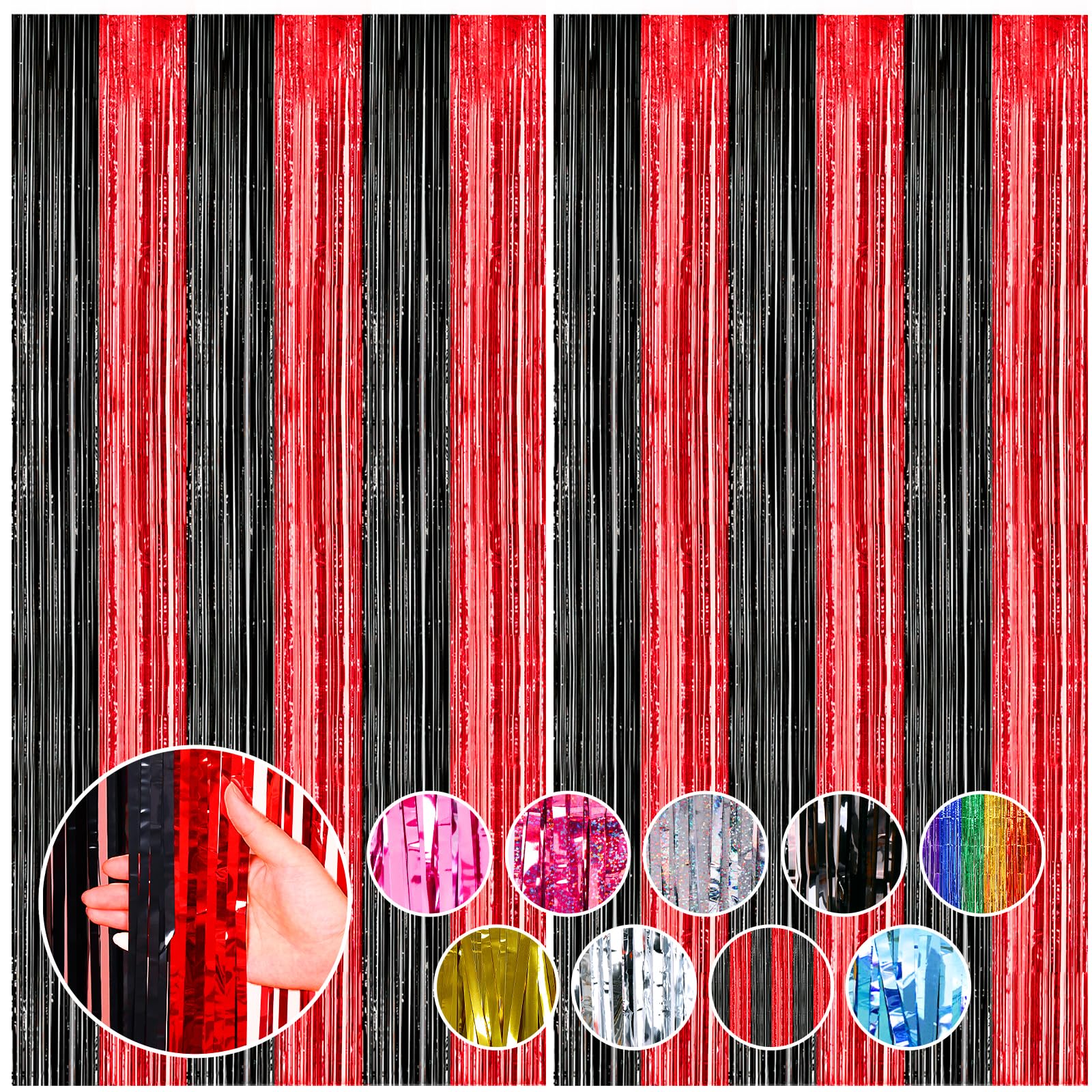 RUBFAC 2 Pack Red and Black Backdrop Party Decorations Tinsel Foil Fringe Curtains Streamers for Casino Theme Party Decorations Halloween Bachelorette Birthday Holiday Celebrations Party Supplies