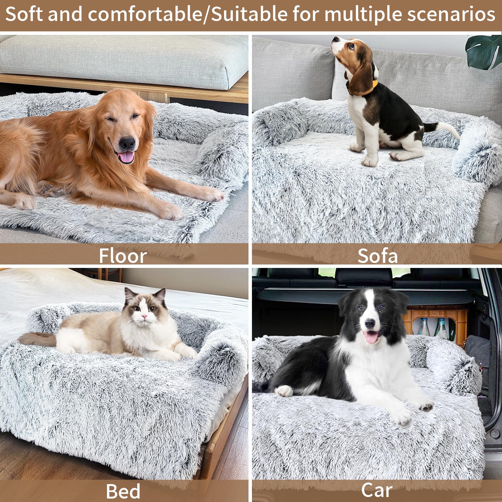 HapyClaw Calming Dog Couch Bed for Large Dogs, Waterproof Dog Bed Furniture Protector Washable, Fluffy Dog Couch Cover for Dogs and Cats, Large, Grey, 40.2 x 35.4 x 7.9 Inches