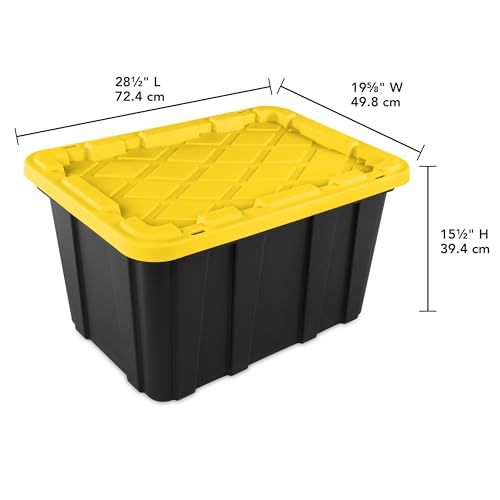 Sterilite 27 Gal Industrial Tote, Stackable Storage Bin with Snap-Fit Lid for Garage, Basement & Attic Storage, Black Base and Yellow Lily Lid, 6-Pack