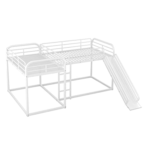 LostCat Bunk Bed,Full and Twin Size L-Shaped Bunk Bed with Slide and Short Ladder,Metal Bunk Bed Frame,Easy Assembly,No Box Spring Needed,Bunk Beds for Teens(White)