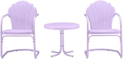 Crosley Furniture Tulip 3-Piece Outdoor Chair and Side Table Set, Vintage Retro Metal Patio Conversation Sets, Lavender Gloss